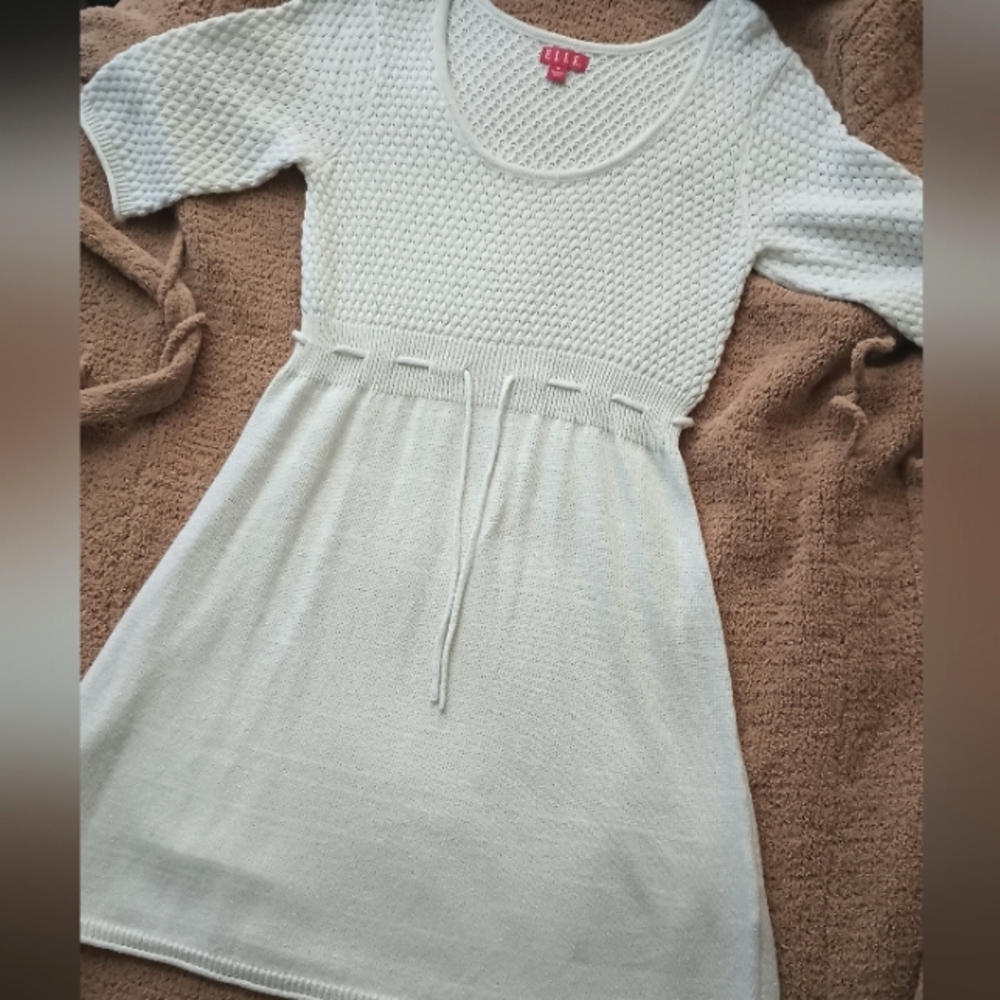 Sparkly White Half Sleeved Knit Sweater Dress - Medium - by Elle
